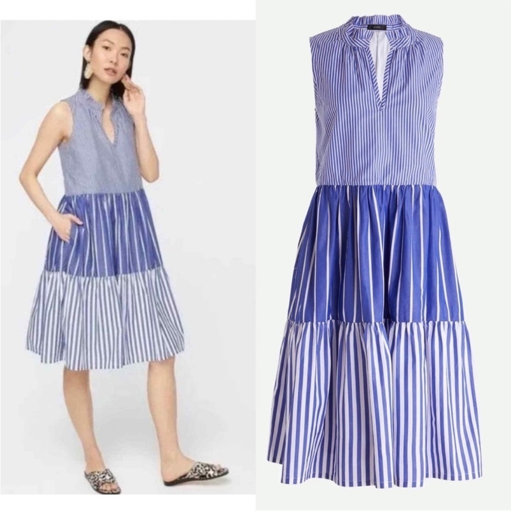 J. CREW Sleeveless tiered popover dress in mixed stripe Size S 100% Cotton